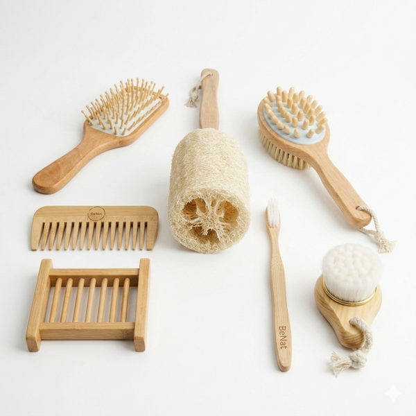 Zero-waste 7-piece bathroom accessories set neatly arranged