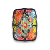 Overhead view of a rectangular Talavera serving dish with a central red flower, colorful painted patterns and a dark blue rim