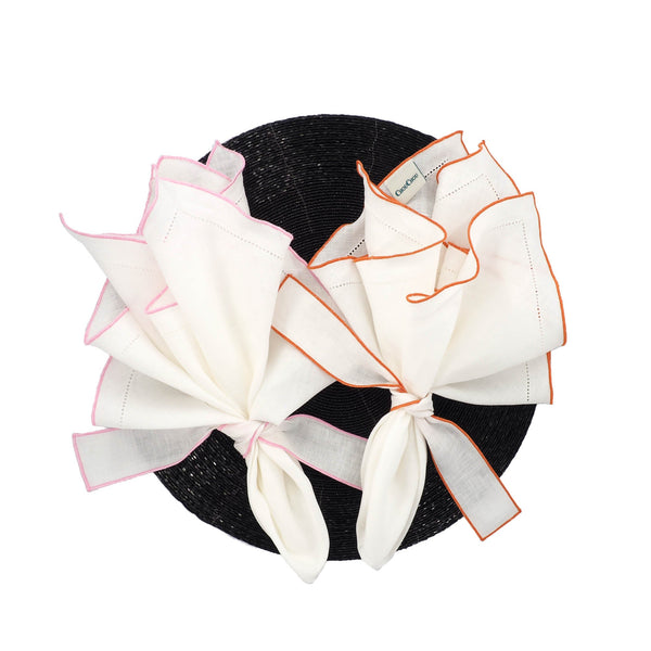 Chouchou Touch white linen napkins with orange ruffled hemstitch edges, set of 4, view 5