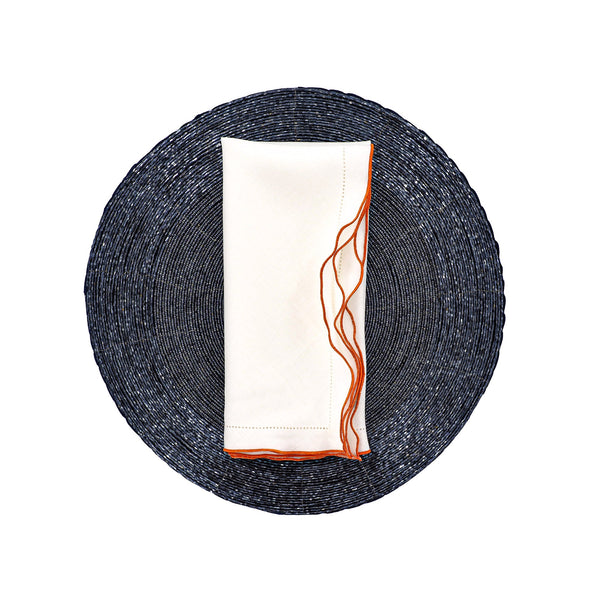 Chouchou Touch white linen napkins with orange ruffled hemstitch edges, set of 4, view 4