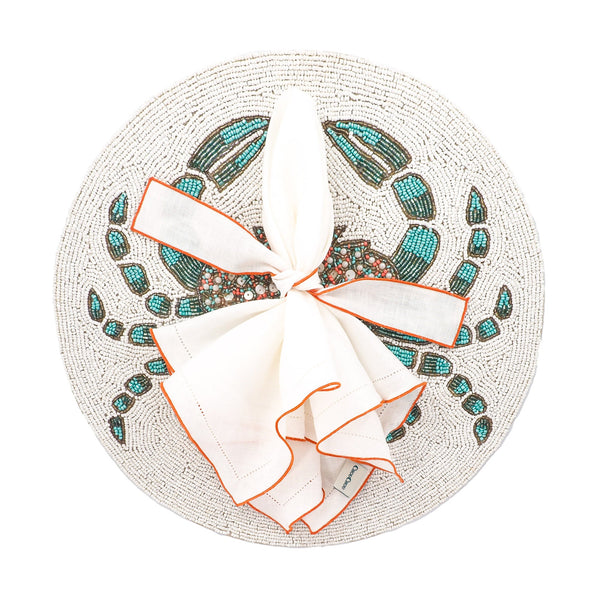 Chouchou Touch white linen napkins with orange ruffled hemstitch edges, set of 4, view 6
