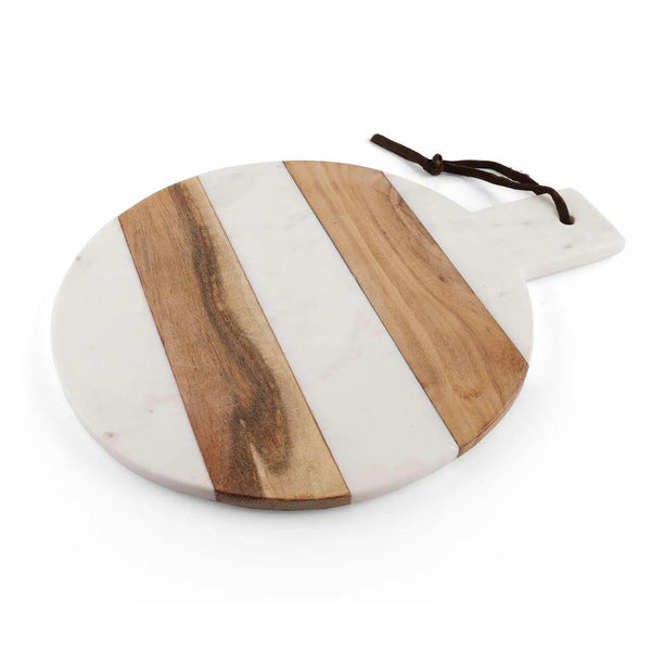 INOX Artisans Mez round white marble and acacia wood paddle charcuterie board, view 3