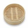 Empty round Alva bamboo steamer basket with a slatted base, shown at an angle on a white background