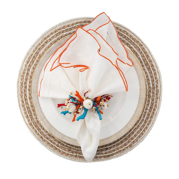 Chouchou Touch white linen napkins with orange ruffled hemstitch edges, set of 4, view 3