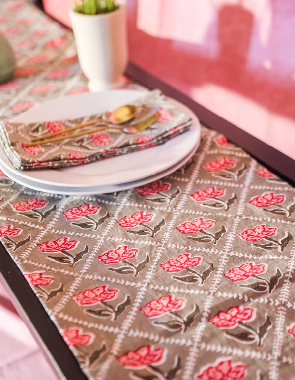 Banyan and Birch Noor hand-block printed linen table runner in olive and pink, view 2