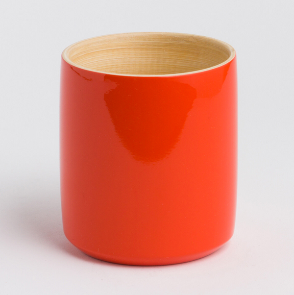 "Close-up of the smooth bamboo rim and artisanal finish of the LY mug"