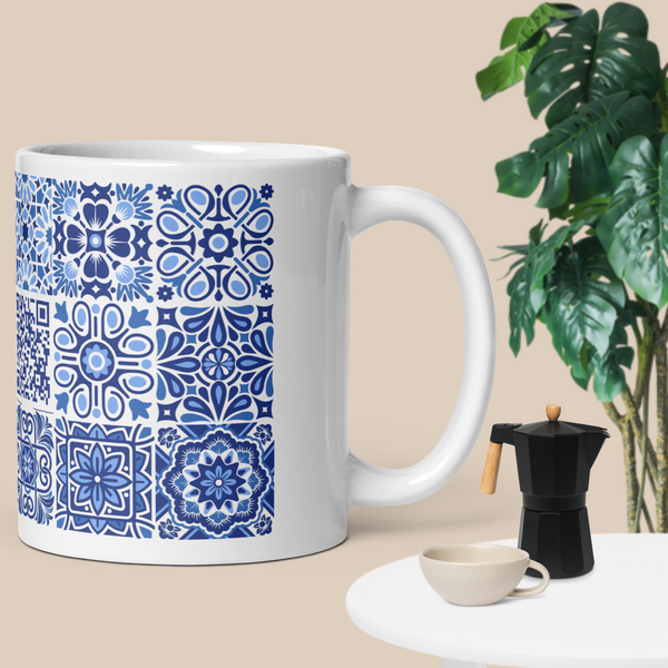Interactive QR code mug on a modern office desk, tech-inspired drinkware for daily motivationduct mockup