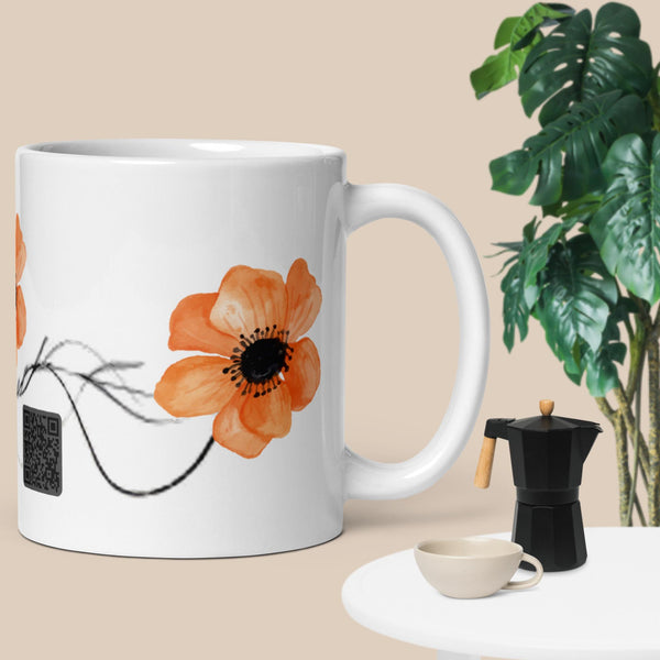 Be Inspired! interactive coffee mug with scannable QR code for daily affirmations