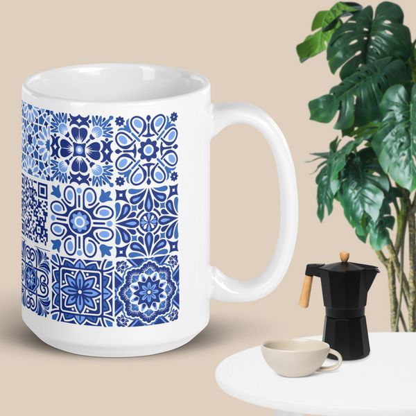 Close-up of integrated scannable QR code on high-quality ceramic mug surface