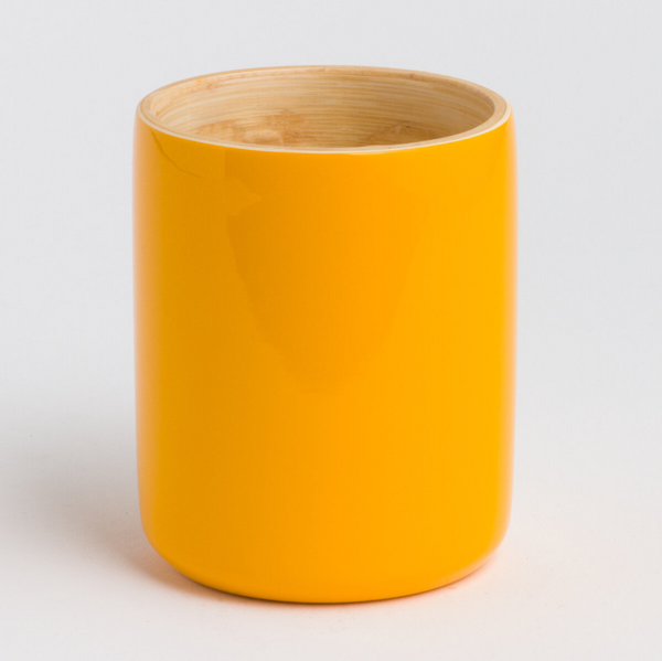 "Close-up of the smooth bamboo rim and artisanal finish of the LY mug"
